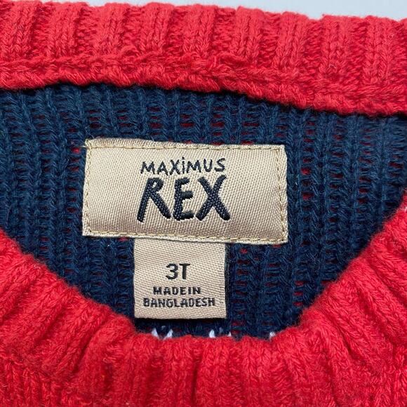 Maximus Rex Fair Isle T-Rex Ugly Christmas Sweater Kids Boys 3T Red Green Nordic - Picture 5 of 6